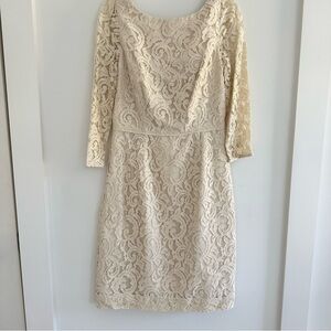J. Crew Elegant Cream Lace 3/4 Sleeve Dress